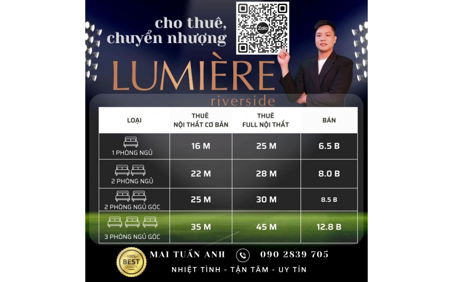 Cho thuê căn hộ Lumiere Riverside 3PN 93m², Full Nội thất, Tầng cao View đẹp, giá 40 tr/th