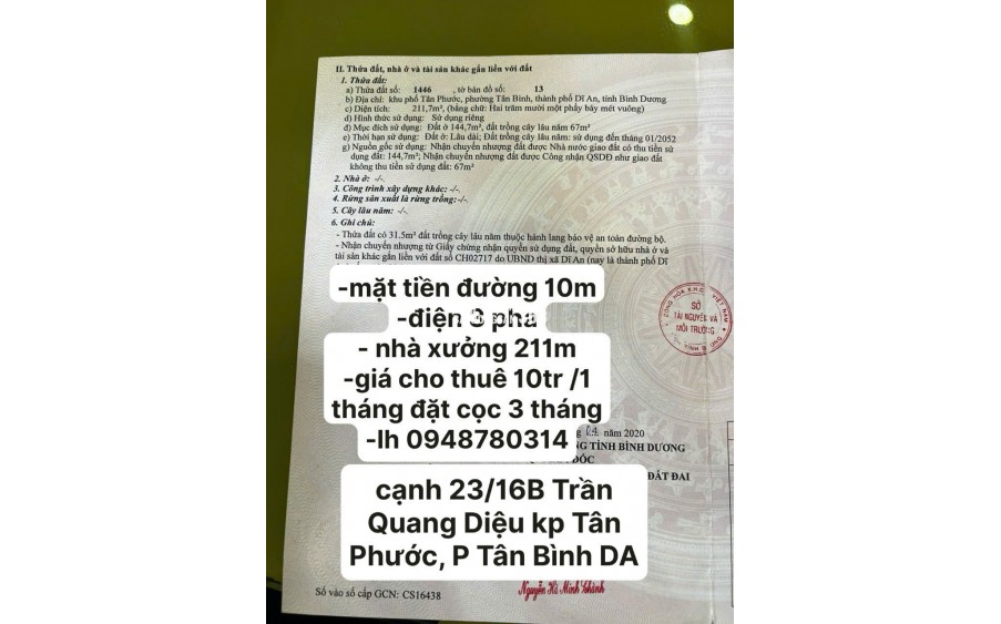 Cho thuê nhà xưởng 211m2 mặt tiền đường Trần Quang Diệu Dĩ An BD