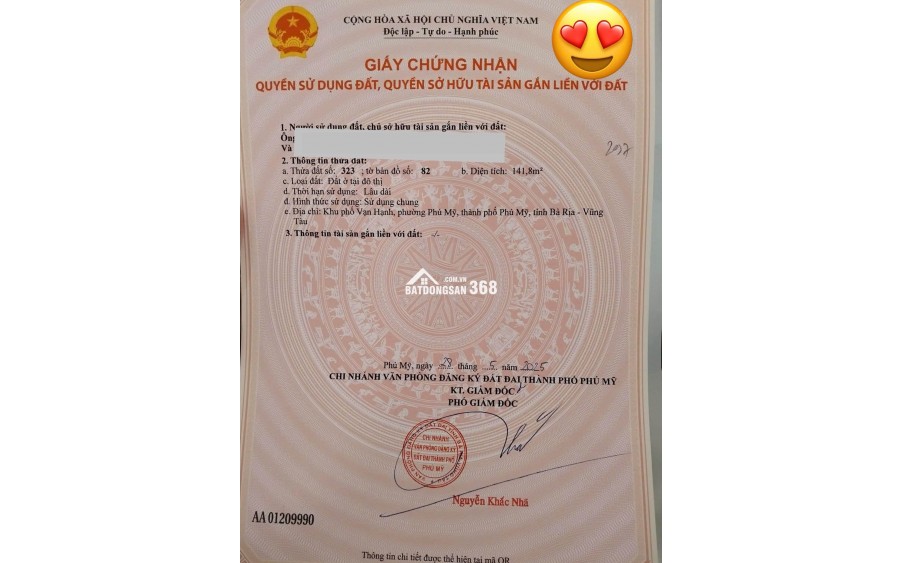 CHÍNH CHỦ BÁN ĐẤT THỔ CƯ SẴN SỔ NGAY MẶT TIỀN TRẦN HƯNG ĐẠO-PHÚ MỸ