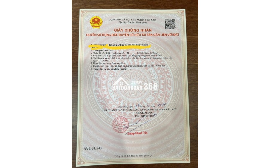 Đất đẹp xã Bình Ba, huyện Châu Đức, BRVT gần sân golf & KCN, có thổ cư, đầu tư tốt