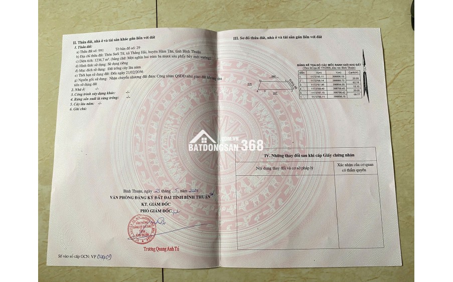 BÁN GẤP ĐẤT Ở THỔ CƯ QUỐC LỘ 55, THẮNG HẢI - HÒA TAN - BÌNH THUẬN, 1236M², 1.2 TỶ, SỔ ĐỎ
