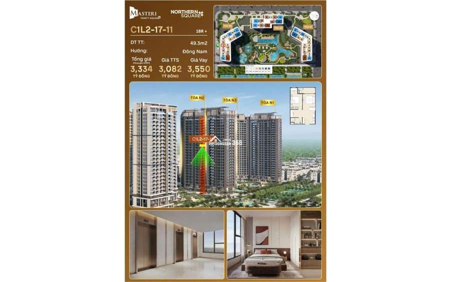 Chung cư Masteri Trinity Square – Vinhomes Ocean Park 2, Căn 1PN+ diện tích 49,3m2 hướng Đông Nam giá chỉ 3 tỷ