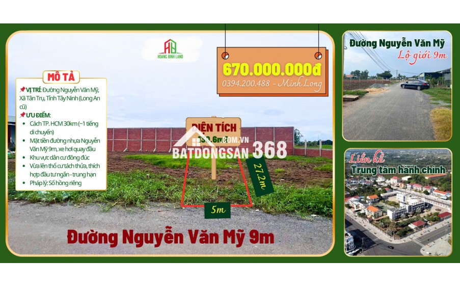 Bán đất nền mặt tiền 9m tại Tân Trụ, Long An giá chỉ 670,000,000 đồng