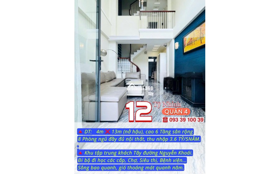 BÁN NHÀ KẾ QUẬN 1- 6 TẦNG 8 PHÒNG ĐỦ NỘI THẤT-NGUYỄN KHOÁI QUẬN 4-THU NHẬP 3.6 TỶ/5NĂM: nhỉnh 12 TỶ