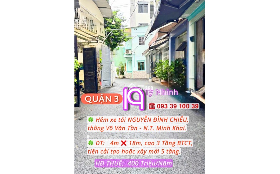 19 TỶ NHỈNH: NHÀ QUẬN 3 NGUYỄN ĐÌNH CHIỂU- HẺM XE TẢI THÔNG- 3 TẦNG THU NHẬP 400 TR/NĂM, Ở & ĐẦU TƯ