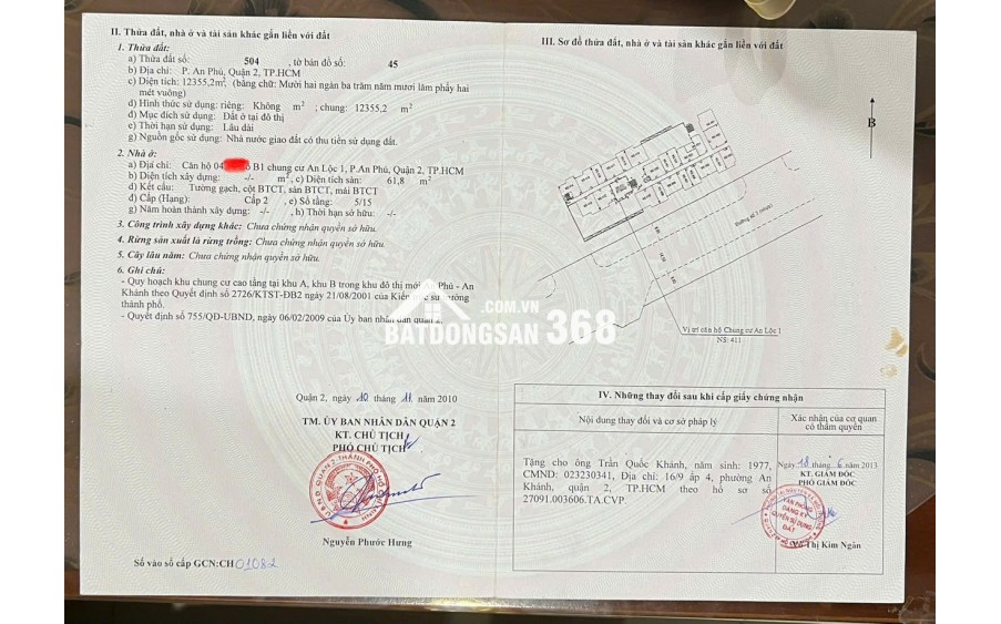 Chính chủ bán căn hộ DT 62m2 chung cư An Lộc 1 tầng 4