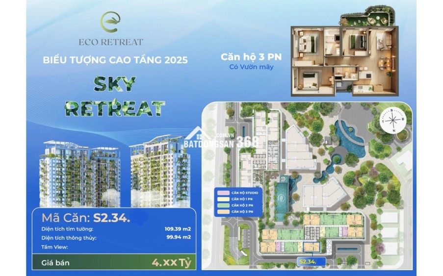 Căn hộ 3PN Sky Retreat Eco Retreat  giá gốc CĐT 4,3 tỷ (gồm VAT+KPBT), có vườn mây