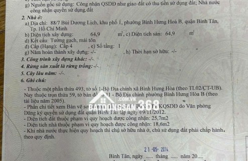 Bán nhà cấp 4 số 88/7 Bùi Dương Lịch P. Bình Hưng Hoà B Bình Tân