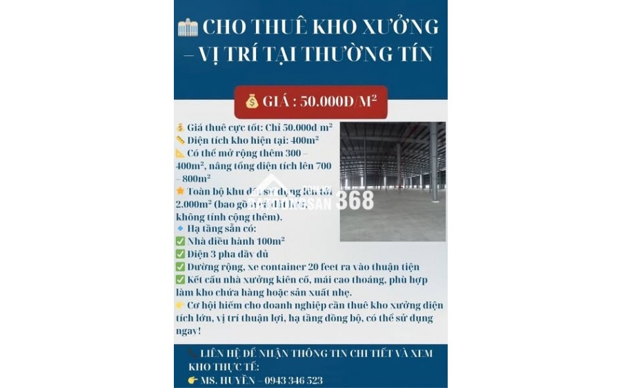  CHO THUÊ KHO XƯỞNG – VỊ TRÍ TẠI THƯỜNG TÍN