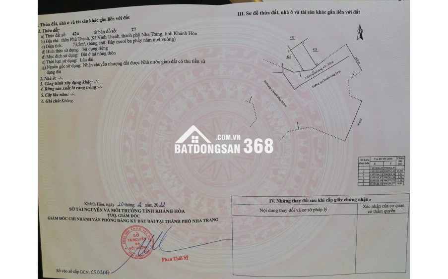 Bán đất thổ cư 73,5m² – đường 4m – Thôn Phú Thạnh, Vĩnh Thạnh, Nha Trang