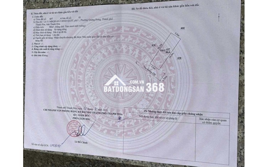 LÔ ĐẤT HOA HẬU MBQH691, TẠI PHỐ 1, PHƯỜNG QUẢNG HƯNG, TP. THANH HÓA