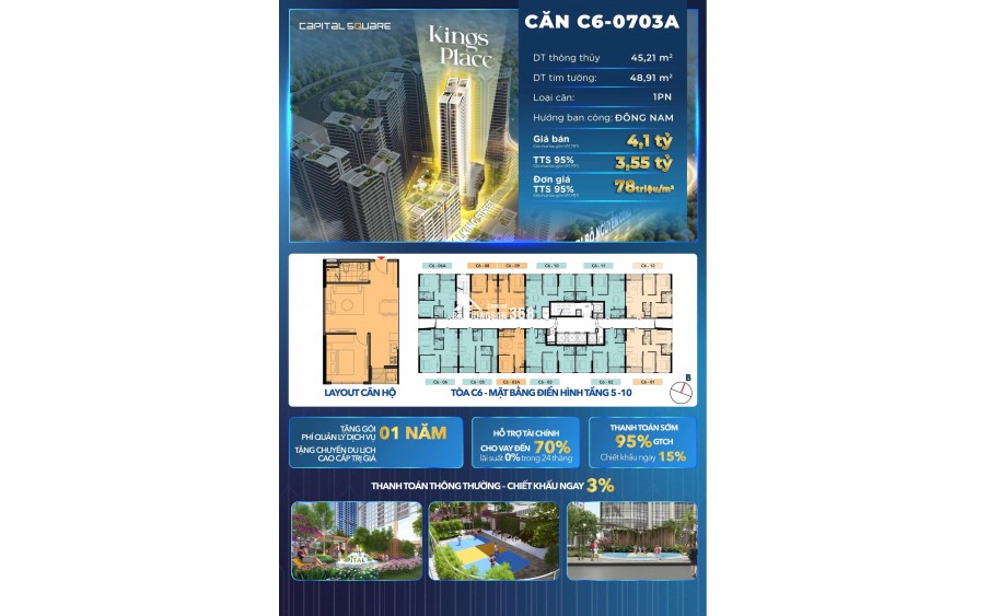 Căn hộ 1 phòng ngủ tại dự án Capital Square Đà Nẵng – Tòa C6 Kings Place