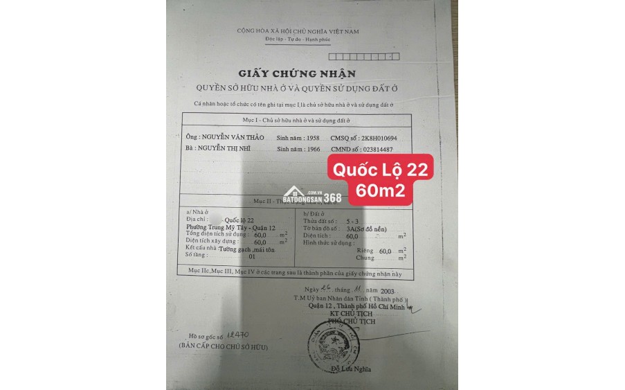 Bán nhà 60m2 mặt tiền Quốc Lộ 22 , Phường Trung Mỹ Tây Q12