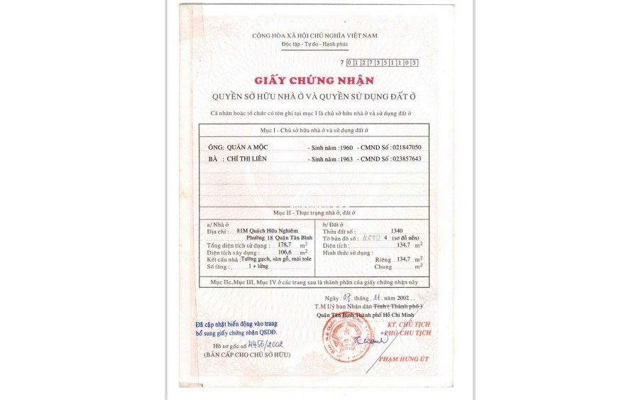 Bán nhà mặt tiền 3 lầu 5PN số 22 Quách Hữu Nghiêm Q.Tân Phú
