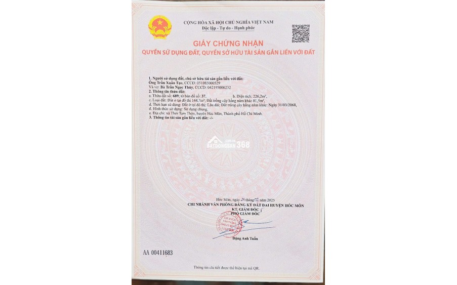Bán đất thổ cư Hóc Môn, đường Phùng Thị Chuyện, 226m2, SHR, giá 7 tỷ - LH: