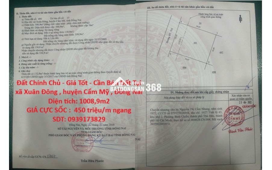 Đất Chính Chủ - Giá Tốt - Cần Bán Đất Tại xã Xuân Đông , huyện Cẩm Mỹ , Đồng Nai