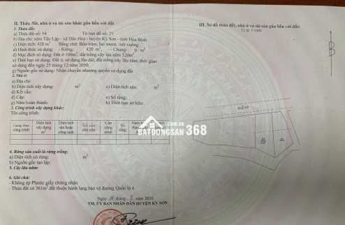 Bán đất nền dự án Đường Quốc lộ 6, Xã Kỳ Sơn, Hòa Bình giá 7 tỷ đồng, 420m2.