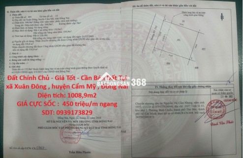 Đất Chính Chủ - Giá Tốt - Cần Bán Đất Tại xã Xuân Đông , huyện Cẩm Mỹ , Đồng Nai