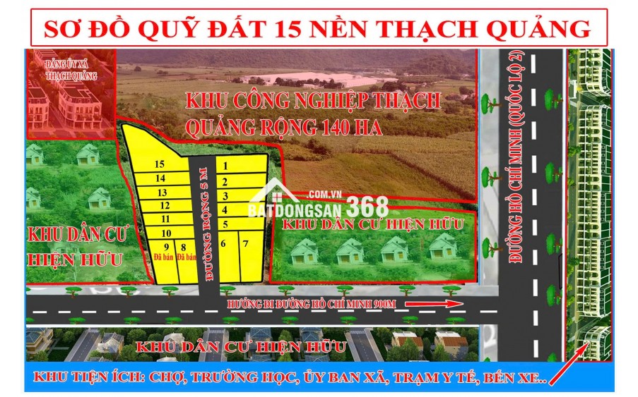 Bán nhanh mảnh đất vị trí đắc địa ngay đường mòn Hồ Chí Minh, sát khu công nghiệpTthạch Quảng diện tích 412m2 595 triệu hiện đã phân thành 3 lô