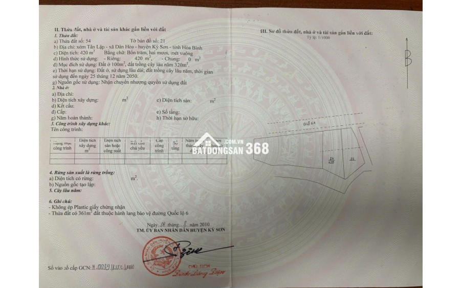  CƠ HỘI DUY NHẤT – ĐẤT MẶT QUỐC LỘ 6, KỲ SƠN, HÒA BÌNH 