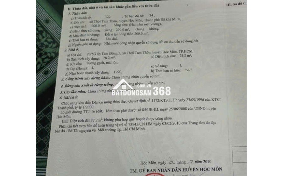 Bán nhà và đất 200m2 mặt tiền đường lớn xã Thới Tam Thôn Hóc Môn