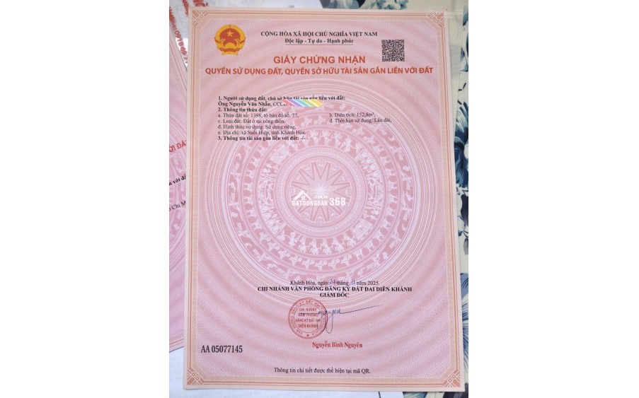 Bán 2 lô đất full thổ cư, tổng 300m2, ngang 10m, nở hậu 10.24m. Tân Khánh, Suối Tiên, Nha Trang