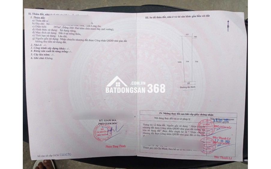 CHÍNH CHỦ CẦN BÁN LÔ ĐẤT FULL THỔ CƯ 279m2 MẶT TIỀN ĐƯỜNG NHỰA AN NINH