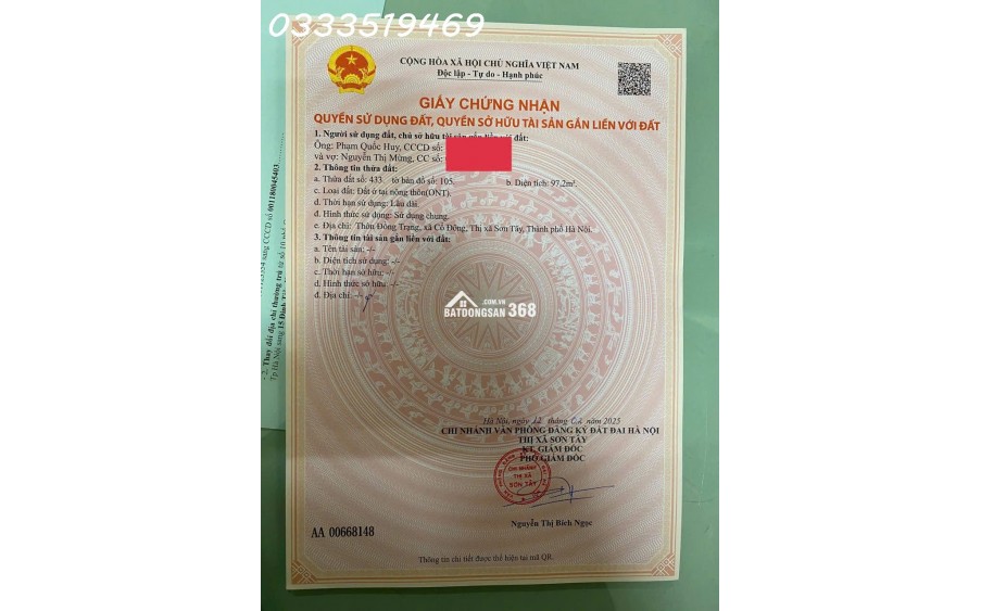 bà xã chồng em cần bán mảnh đất full thổ cư- Đoài Phương, Sơn Tây, HN (Em không tiếp  kinh doanh, cần tìm khách hàng mua ạ)