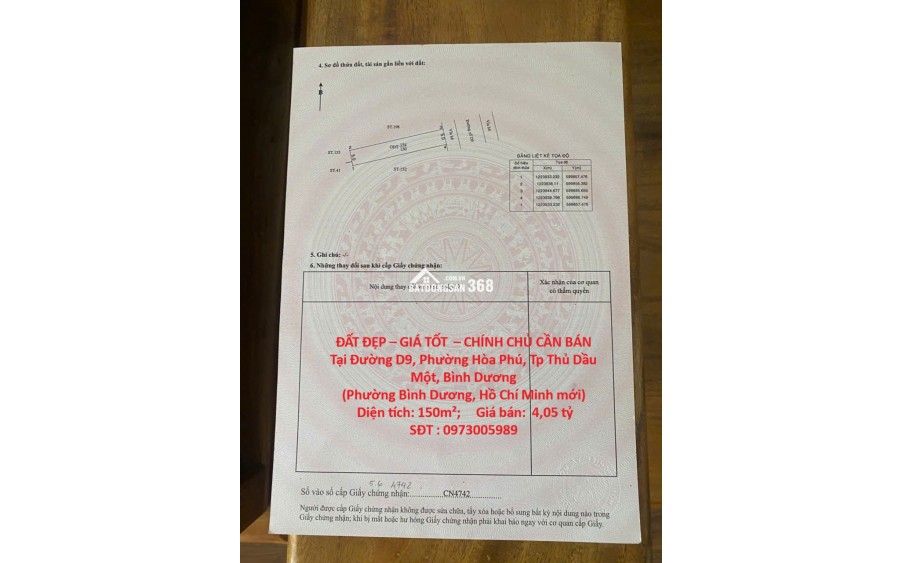 ĐẤT ĐẸP – GIÁ TỐT  – CHÍNH CHỦ CẦN BÁN Tại Đường D9, Phường Hòa Phú, Tp Thủ Dầu Một, Bình Dương