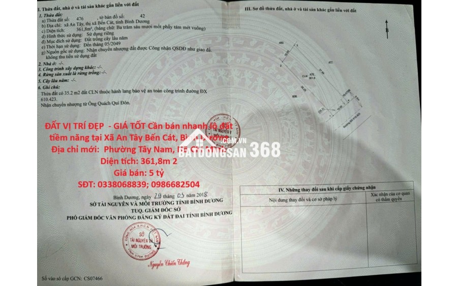 ĐẤT VỊ TRÍ ĐẸP  - GIÁ TỐT Cần bán nhanh lô đất tiềm năng tại Xã An Tây Bến Cát, Bình Dương