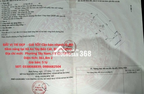 ĐẤT VỊ TRÍ ĐẸP  - GIÁ TỐT Cần bán nhanh lô đất tiềm năng tại Xã An Tây Bến Cát, Bình Dương