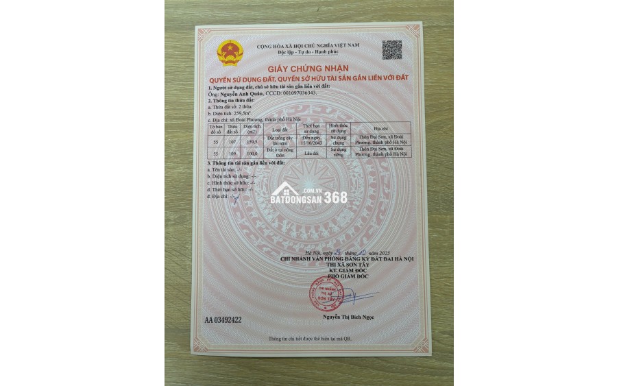 MẢNH ĐẤT VÀNG GIÁ F0 TẠI SƠN ĐÔNG, SƠN TÂY, HÀ NỘI. 100m2 full thổ, mặt tiền 6,8m