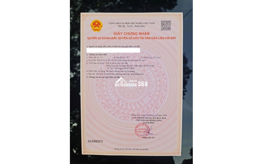  BÁN ĐẤT THỔ CƯ TRUNG TÂM AN LỘC – BÌNH LONG, BÌNH PHƯỚC