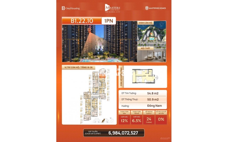 Chính chủ cần tiền cắt lỗ 400tr bán nhanh căn 1PN dự án Masteri Park Place