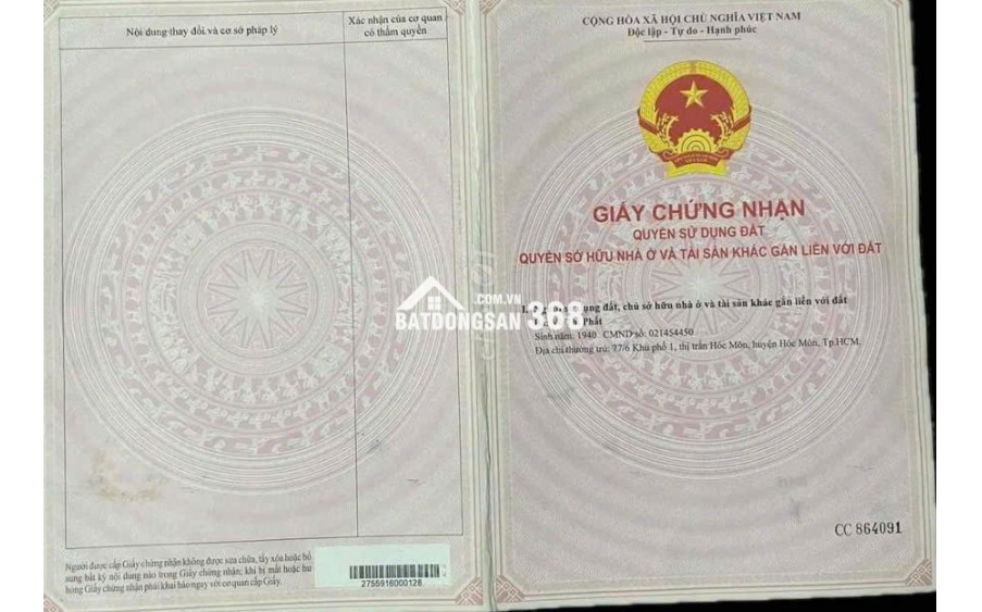 Bán đất thổ cư 147.1m2 hẻm xe hơi ngay thị trấn Hóc Môn