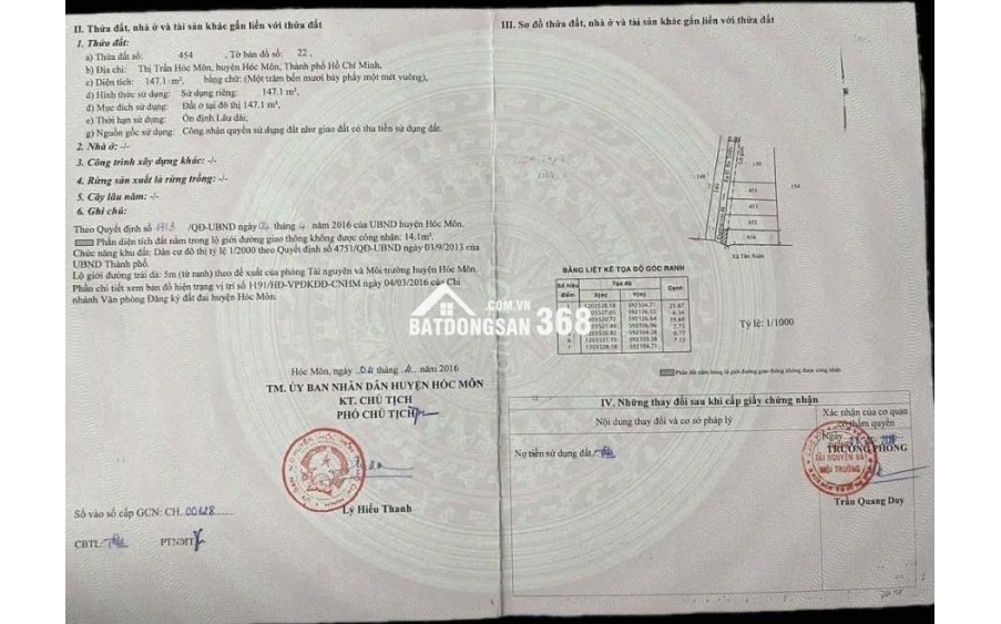 Bán đất thổ cư 147.1m2 hẻm xe hơi ngay thị trấn Hóc Môn