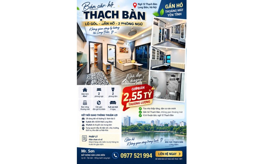  CĂN HỘ LÔ GÓC 2PN – GẦN HỒ THẠCH BÀN – FULL NỘI THẤT – CHỈ 2,55 TỶ 