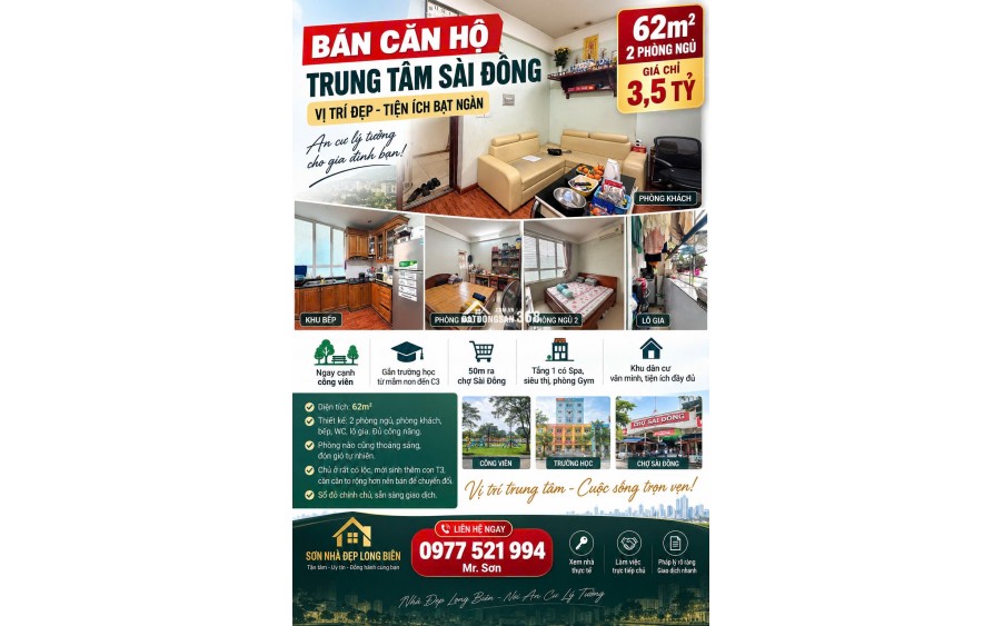  BÁN CĂN HỘ 62M² TRUNG TÂM SÀI ĐỒNG  GIÁ 3,5 TỶ 2 NGỦ ĐẦY ĐỦ NỘI THẤT 50M RA CHỢ SÀI ĐỒNG