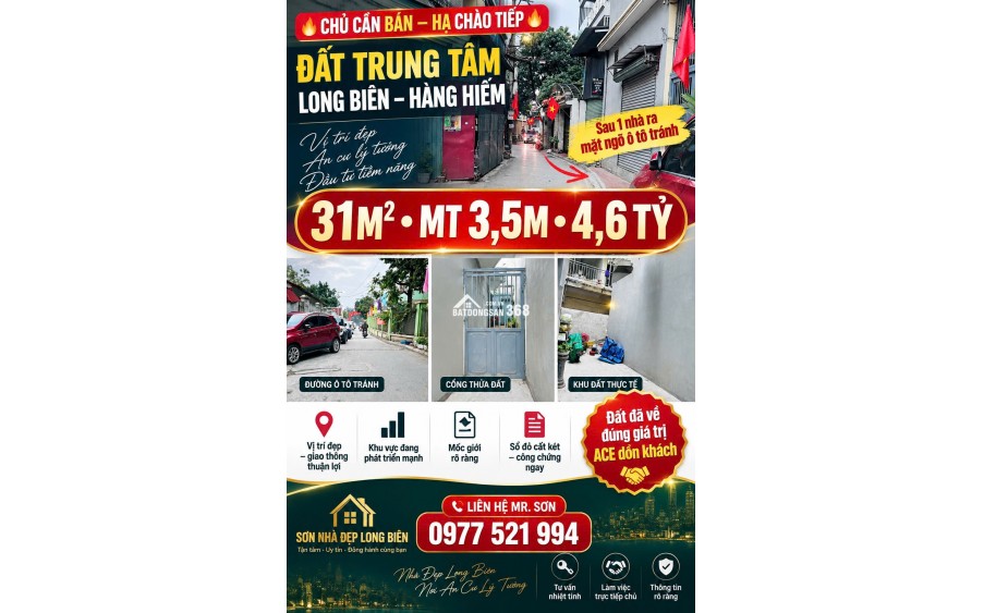HÀNG HIẾM BÁN ĐẤT NGUYỄN VĂN LINH, LONG BIÊN  SAU 1 NHÀ RA Ô TÔ TRÁNH  KHU VỰC ĐANG PHÁT TRIỂN 31M²  MT 3,5M  4,6 TỶ.