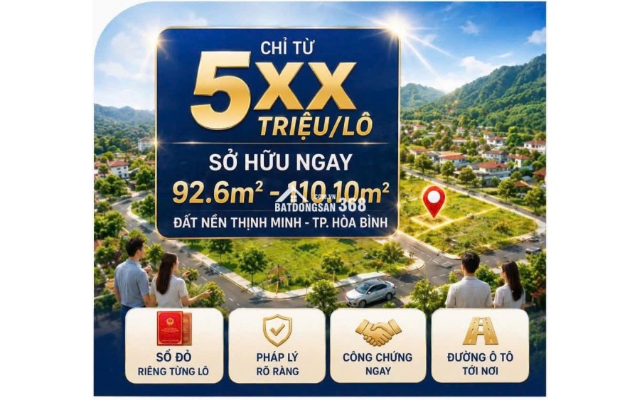 Bán đất đối diện trường Mầm Non Hợp Thành - TP Hòa Bình - 2 mặt tiền 110m2  5xx