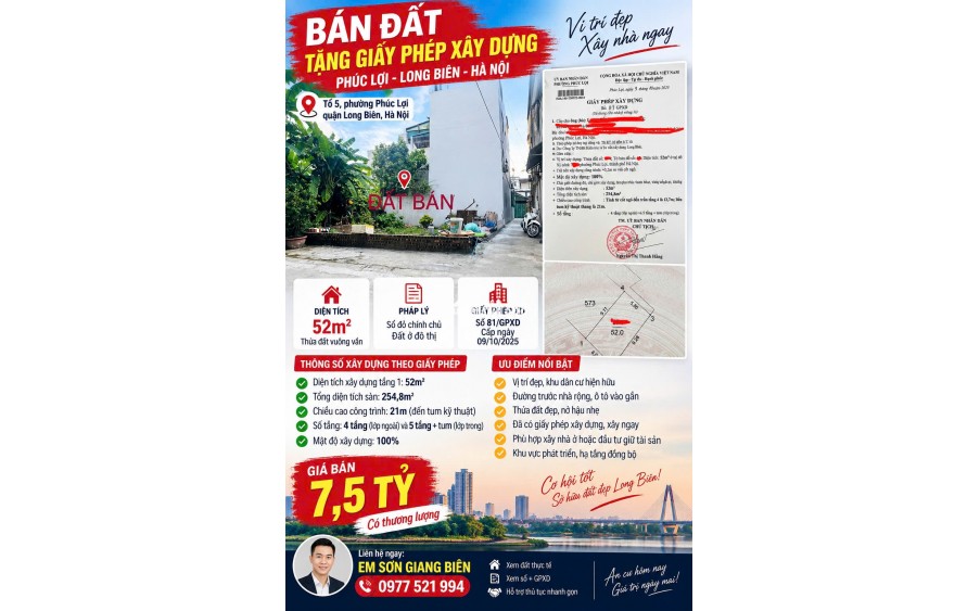  BÁN ĐẤT PHÚC lỢI TẶNG GIẤY PHÉP XÂY DỰNG LONG BIÊN 52M²  GIÁ 7,5 TỶ 