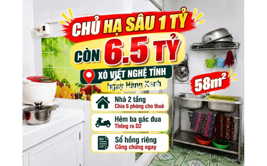 Bán  nhà XVNT ,Bình Thạnh, ngay hàng xanh.Chủ hạ 1 tỷ còn 6.5 tỷ- 58m2
