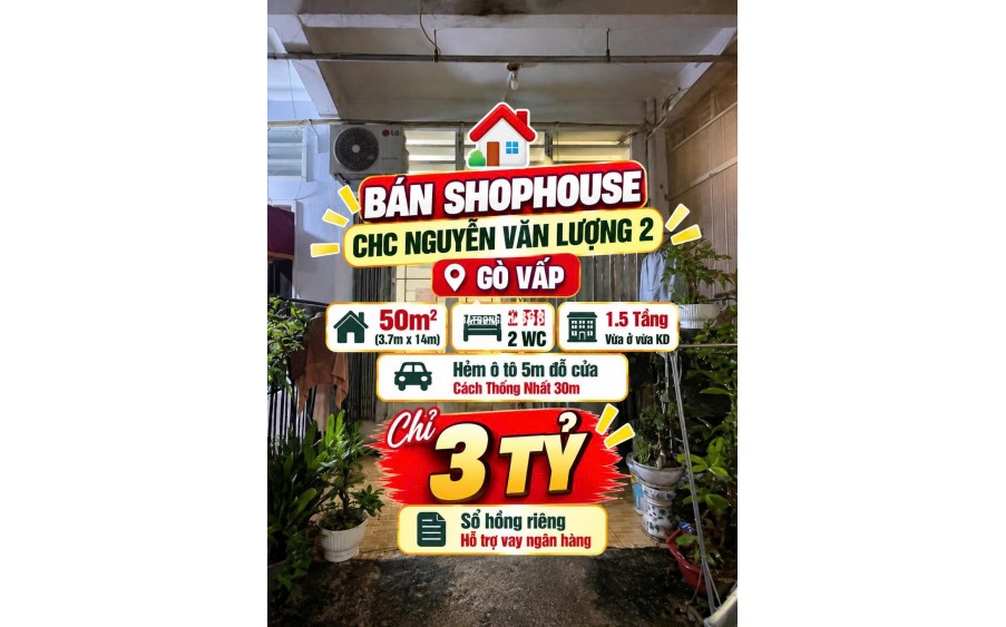 Bán Shophouse trệt CC Nguyễn Văn Lượng 2 ,Gò Vấp 50m2, hẻm 5m chỉ 3tỷ