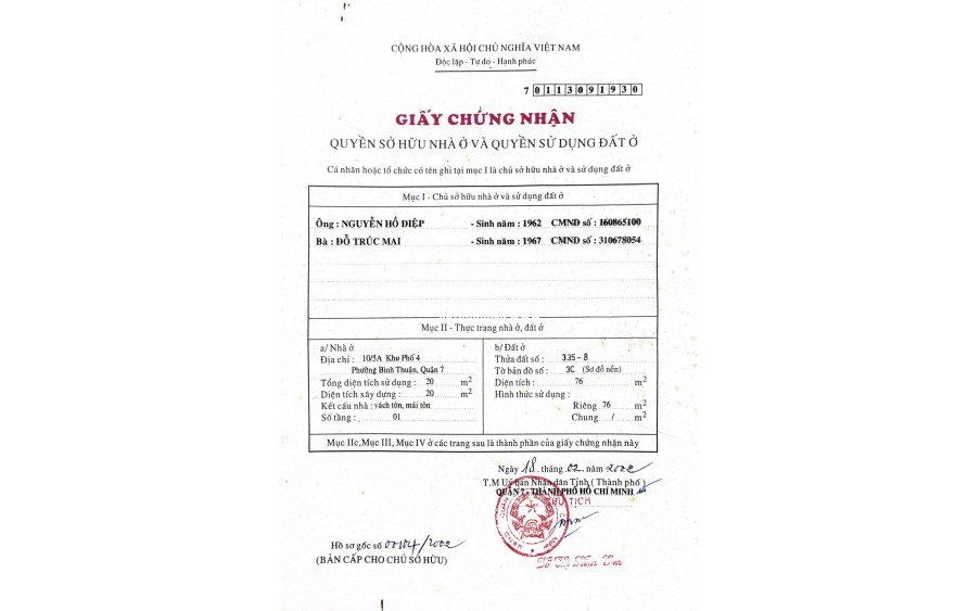 Chính chủ bán nhà hẻm Nguyễn Thị Thập Quận 7, diện tích 76m2, giá 4,75 tỷ