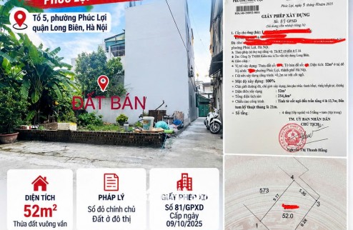  BÁN ĐẤT PHÚC lỢI TẶNG GIẤY PHÉP XÂY DỰNG LONG BIÊN 52M²  GIÁ 7,5 TỶ 