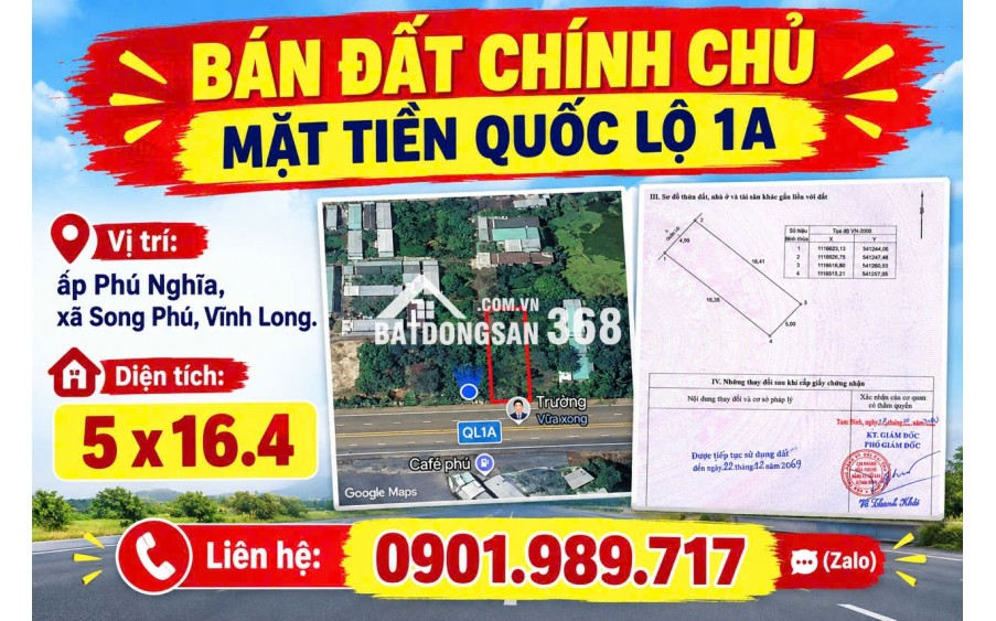 CHÍNH CHỦ CẦN BÁN LÔ ĐẤT 80,3m2 MẶT TIỀN QUỐC LỘ 1A