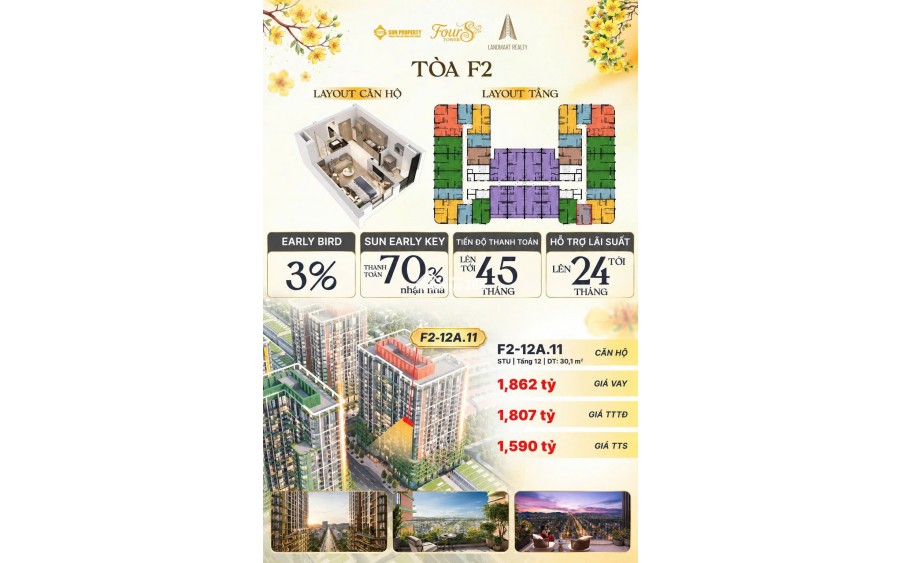 Cần bán Studio F2 tầng 12A trục 11 | view đường Nguyễn Phước Lan | chỉ 1.59 tỷ